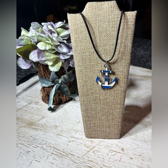 18” Anchor Pendant on Black Suede Necklace with Lobster Clasp & Extension - Picture 1 of 6